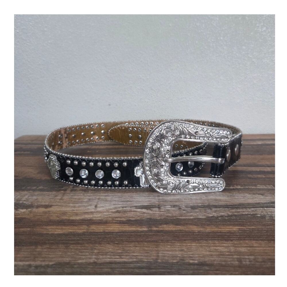 Rhinestone Woman's Bling Cross Black Western Belt Silver Buckle